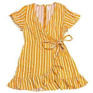 Xhilaration Women's Yellow‎ Striped Ruffle Hem Wrap Dress Summer Casual L